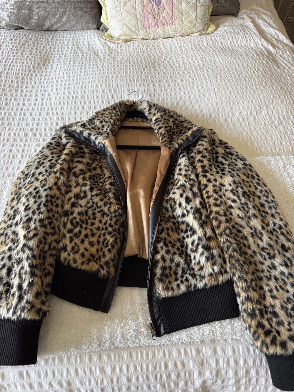 Leopard Print Faux Fur Bomber Jacket - Black Trim